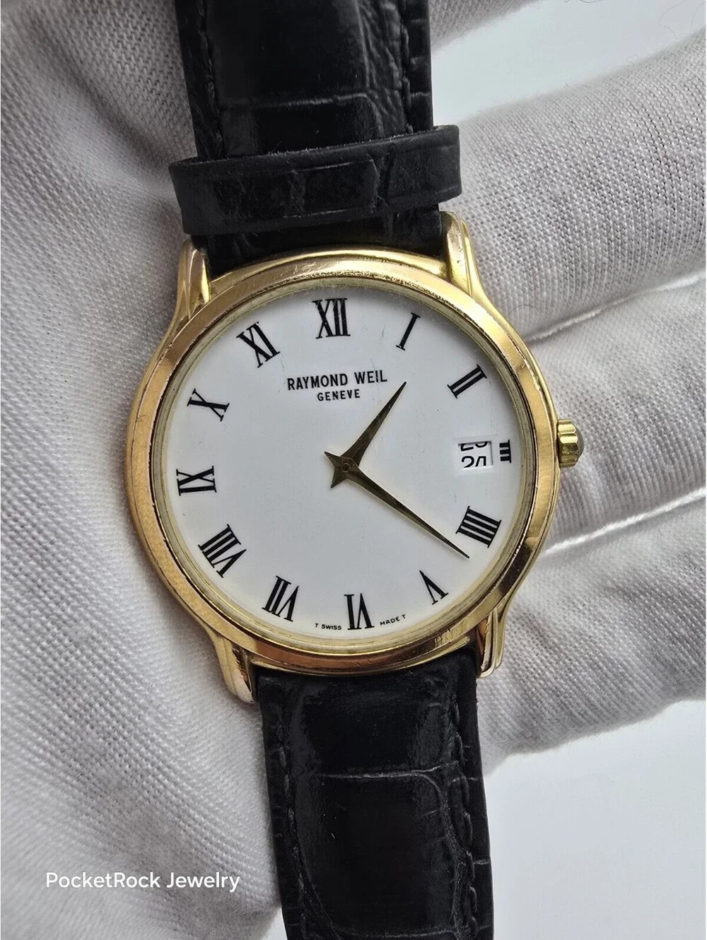 Raymond Weil Tradition 5569 34mm Gold Plated White Roman Dial Date Quartz Watch